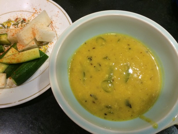 Moong dal served with radish cucumber salad